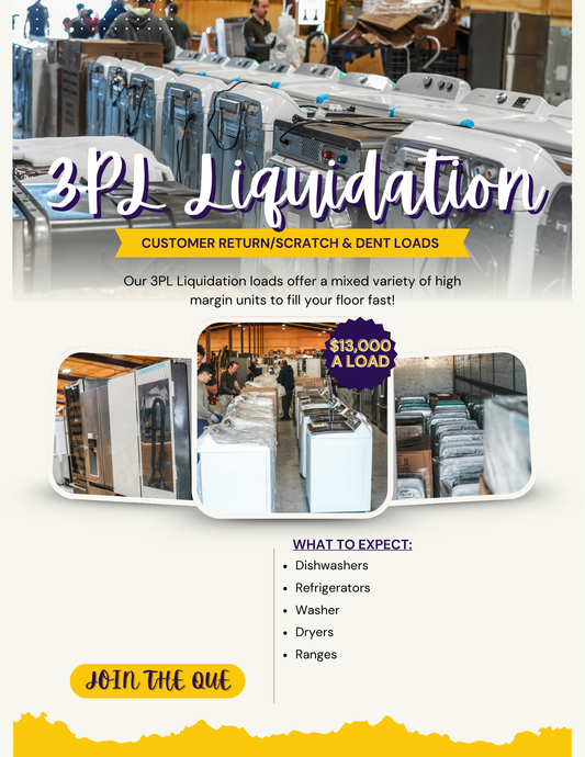 Advertisement for 3PL Liquidation with images of appliances and text about customer return/scratch & dent loads.