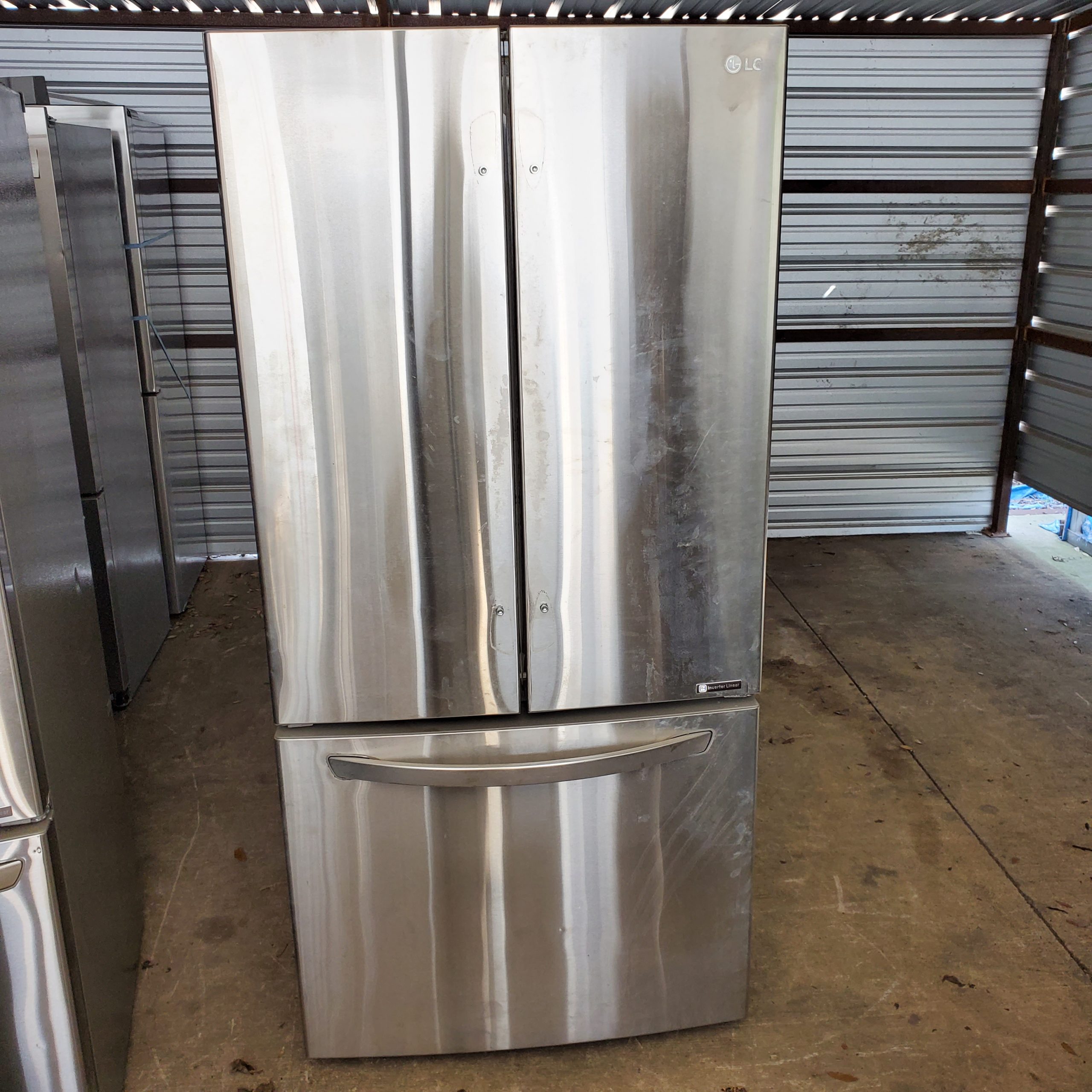 example of LG Salvage Stainless Steel French door refrigerator that was recently sold in our salvage wholesale program.